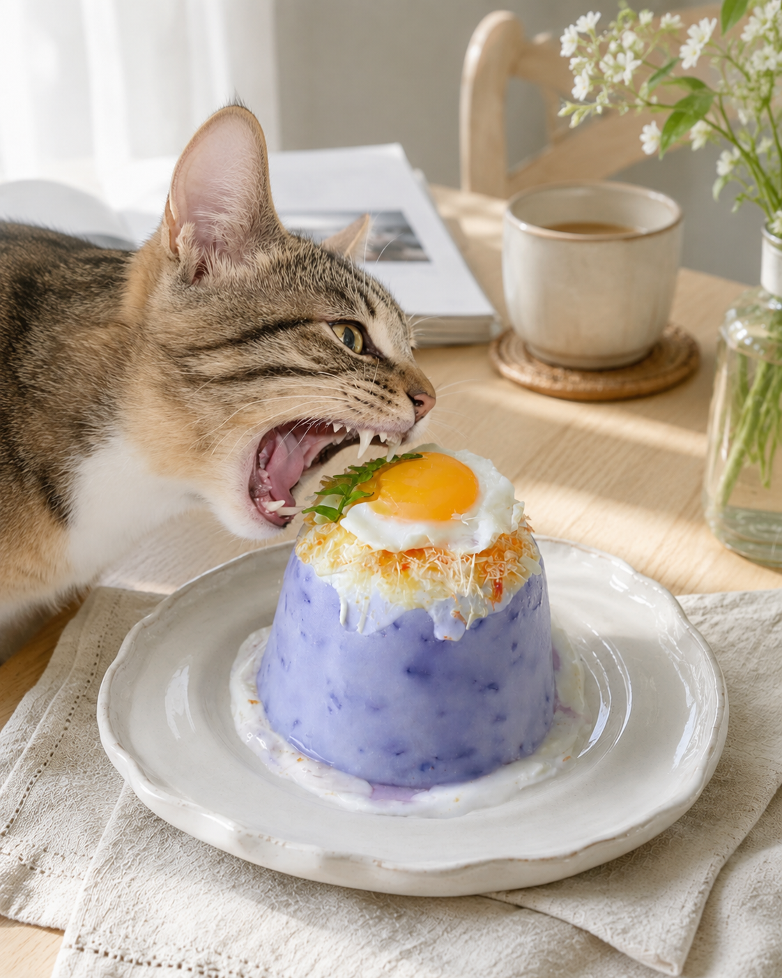 Chicken and blueberry cat birthday cake ready to serve