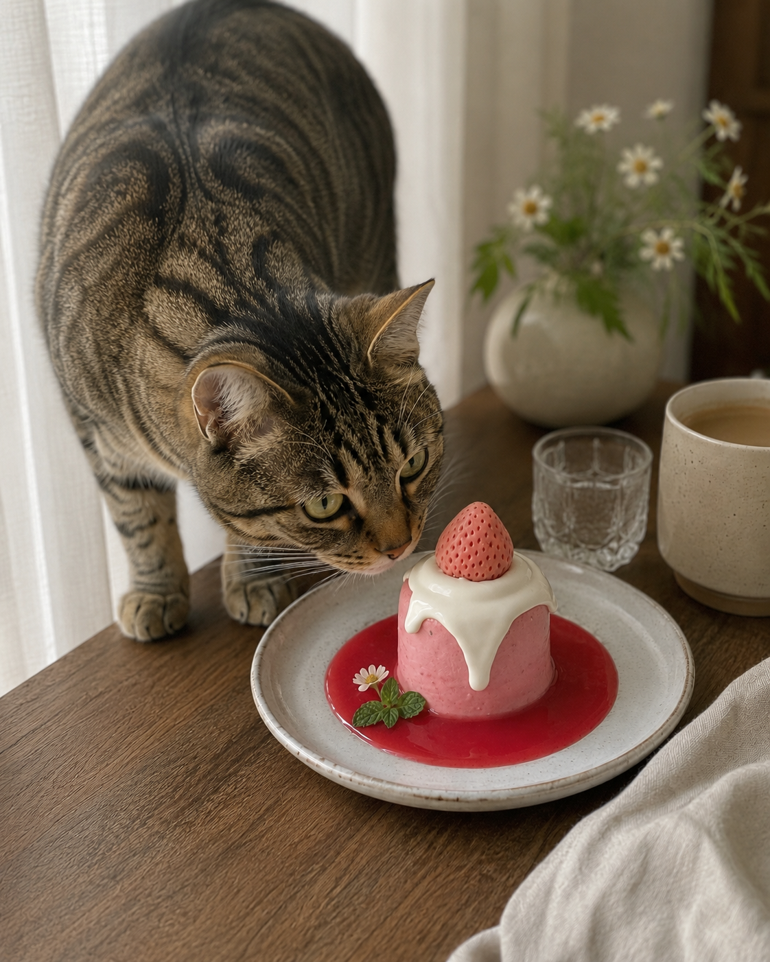 Cat beside a strawberry recipe presentation preview